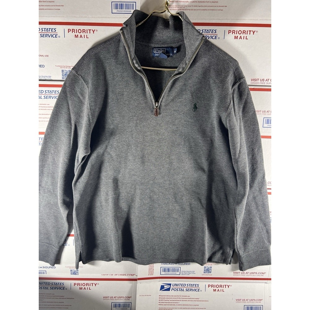 Polo Ralph Lauren Sweater M Grey 1/4 Zip Knit Pullover Sweatshirt Green Pony‎